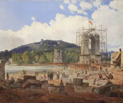 Karl Würbs -Stavba řetězového mostu přes Vltavu v Praze (1840) | © Národní technické muzeum